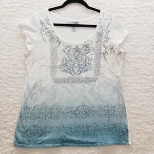 T-Shirt Size XL Aqua Blue Stud Rhinestone Boho Soft Glam Vacation Resort Whimsy